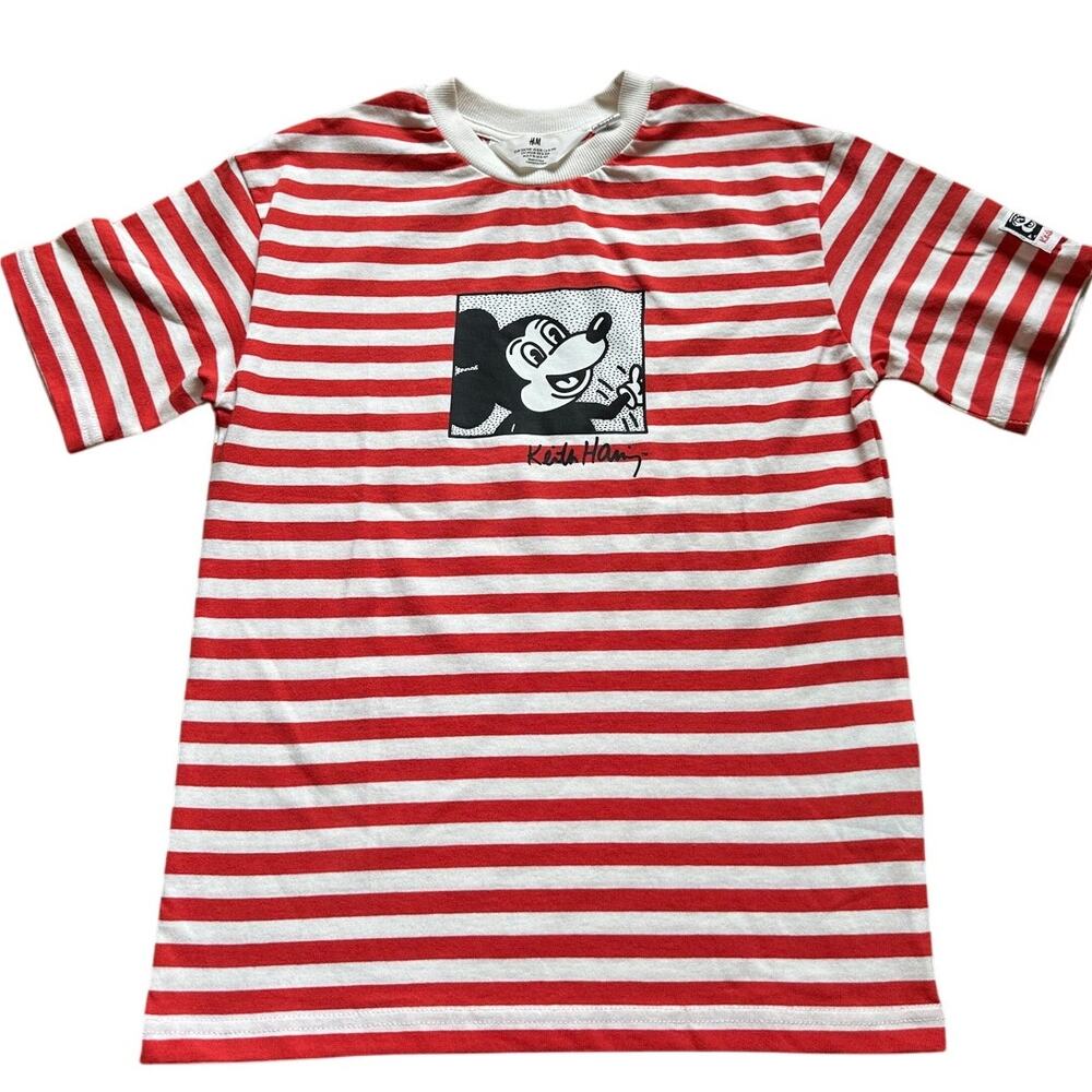 H&M Disney Keith Haring Loose Fit Boys Striped T-shirt Mickey Mouse
